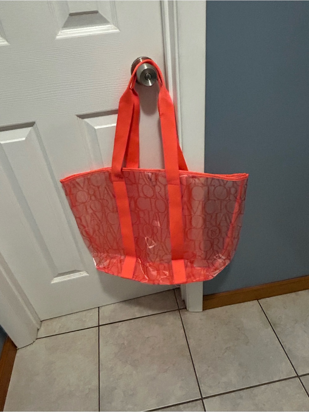 Victorias Secret Clear Coral Tote Bag with Repeating Logo Pattern